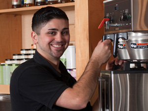 brewing coffee in a commercial coffee machine